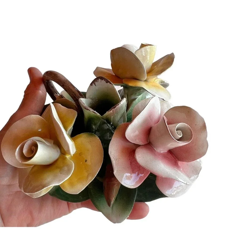 Capodimonte Roses Candle Stick Holder Pink Yellow Green Made in Italy Cottagecor